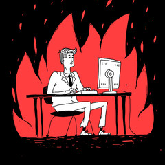 Vector Illustration Office Employee On Fire Background