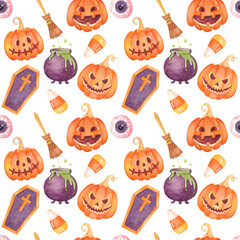 Watercolor Halloween pattern with pumpkin Jack-o-lantern, bloody eye, candy corn, broom, sweets, coffin, pot with potion. Trick or Treat. Halloween backgound