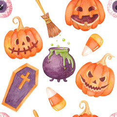 Watercolor Halloween pattern with pumpkin Jack-o-lantern, bloody eye, candy corn, broom, sweets, coffin, pot with potion. Trick or Treat. Halloween backgound