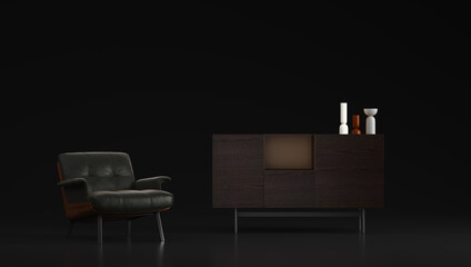 Basic space with armchair and sideboard. 3d illustration on a dark background of black color highlighting the design furniture. Basic decorative elements