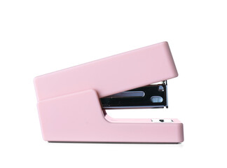 Modern pink stapler on white background