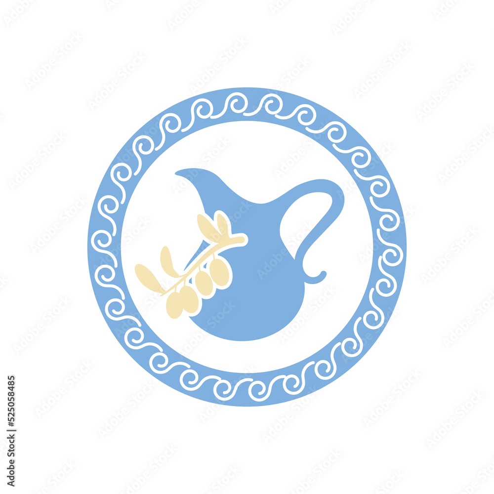 Wall mural Greek style round logo or illustration, jug for drinks and branch of olives, ancient meander ornament.