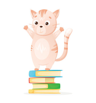 Cartoon kid schoolboy cat and stack of books, vector isolated back to school illustration.