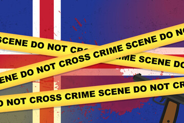 Iceland armed attack vector banner, shooting news concept, armed assault with gun and blood stain on flag