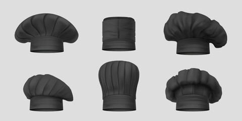 Mockup black headwear for the chef. Collection cook caps and baker toques headdress for kitchen staff. Vector illustration. - obrazy, fototapety, plakaty