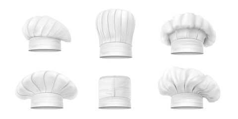 White chef s hat different shape set realistic vector illustration. Collection cook caps and baker toques headdress for kitchen staff. Restaurant cafe catering and culinary baking uniform headwear