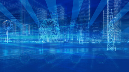 Building construction, city and fun, cityscape, blue background