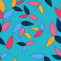 Bright colorful leaves on a turquoise background. Seamless pattern. Vector.