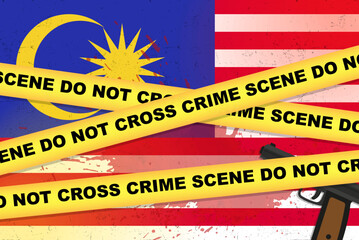 Malaysia armed attack vector banner, shooting news concept, armed assault with gun and blood stain on flag