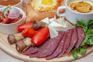 Caucasian cuisine dish, wine, appetizer, spices, sauce, barbecue