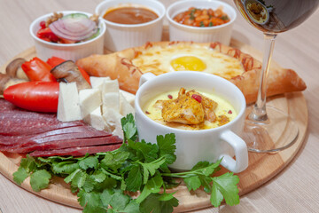 Caucasian cuisine dish, wine, appetizer, spices, sauce, barbecue