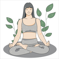 woman meditating, yoga pose, sitting down with plant leaves behind