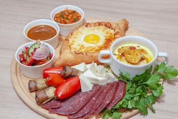 Caucasian cuisine dish, wine, appetizer, spices, sauce, barbecue