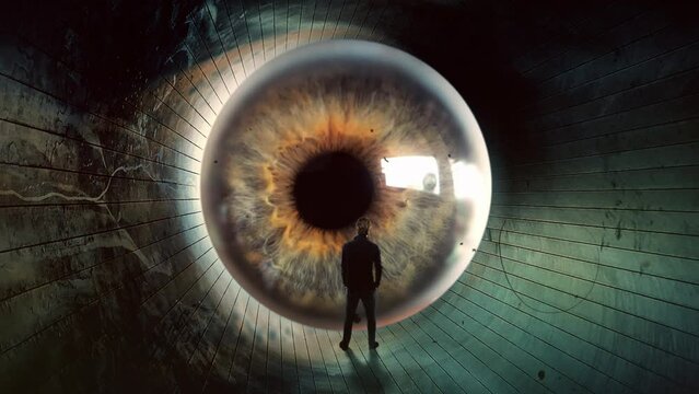 Eye Stares Man Inside Tunnel Hypnosis Surreal Scene. Man being hypnotized by an weird floating eye inside a tunnel, zoom in. Old film texture