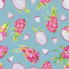 Watercolor seamless pattern with juicy dragonfruits on turquose