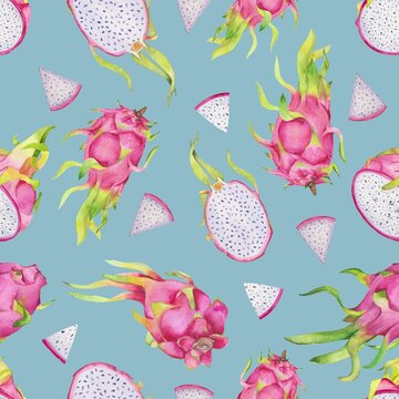 Watercolor seamless pattern with juicy dragonfruits on turquose