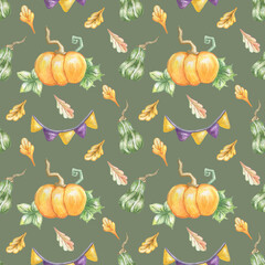 Seamless watercolor autumn pattern with pumpkins,check box and oak leaves on pale green background.Use for textile,fabrics.