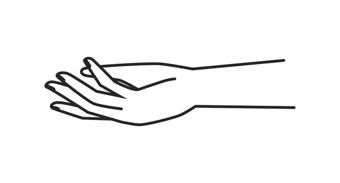 Minimal female character hand reaching to give or take. Isolated woman arm, feminine and elegant palm and fingernails. Vector in flat style, outline linear art