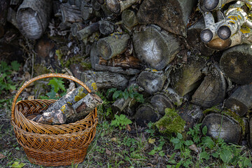 a basket of firewood stands on the grass near the woodpile