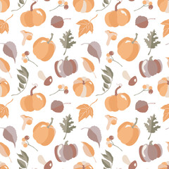 Vector background of autumn leaves and pumpkins. Fall pattern. Vector illustration.
