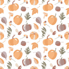 Vector background of autumn leaves and pumpkins. Fall pattern. Vector illustration.