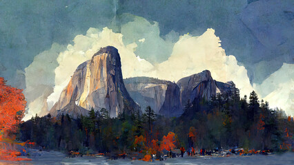 Yosemite National Park, el Capitan, drawing, illustration, digital painting, landscape colorful,  landmark, usa, nature, outdoors, forest, mountain. - obrazy, fototapety, plakaty