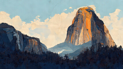 Yosemite National Park, el Capitan, drawing, illustration, digital painting, landscape colorful,  landmark, usa, nature, outdoors, forest, mountain. - obrazy, fototapety, plakaty