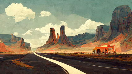 Abandoned road in the desert. Empty road, worn out, digital painting. Post apocalyptic scenery, empty-