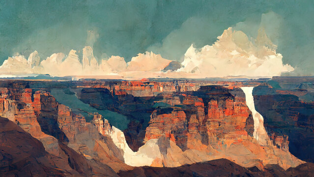 Grand Canyon, USA, National Park, digital painting, land mark. Beautiful illustration of canyon. North America, Arizona.