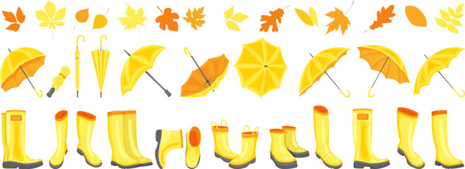 Fototapeta na wymiar set of yellow umbrellas and boots in flat style isolated, vector