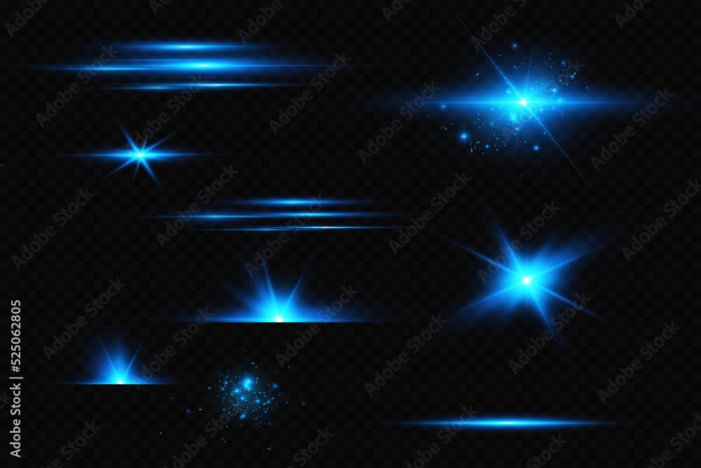 Wall mural bright particles, burning blue lights, stars, lasers. vector.