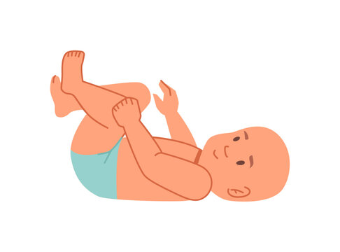 Cute newborn baby laying on its back, raising hands and legs up. Isolated kid, childcare and growth upbringing of children. Vector in flat style, flat cartoon character