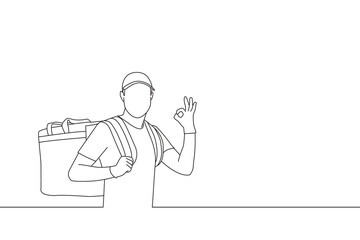 Drawing of mailman wear carrying bag order showing ok sign. Line art style