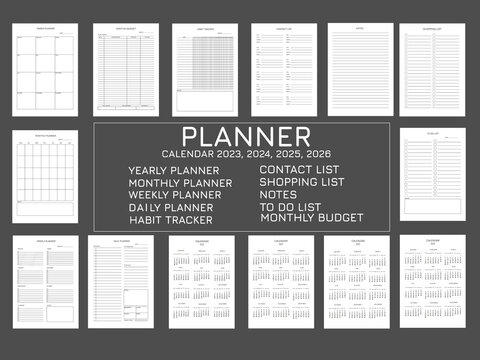 Minimalist planner pages templates:daily planner, weekly planner,monthly planner, yearly planner,to do list,habit tracker,contact list, shopping list,notes, monthly budget,calendar 2023/2024/2025/2026