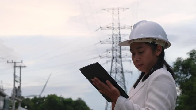 Asian female electrical engineer working on laptop near high voltage pole, inspecting power grid. Wind Turbine Engineer for Electric Power Generation. renewable energy concept