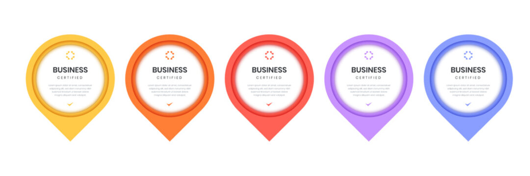 Badge Certified with modern location shape. Business certification company icon point design. Business infographic with 5 options or steps.