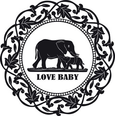 elephand mother with baby and floral frame handmade design vector