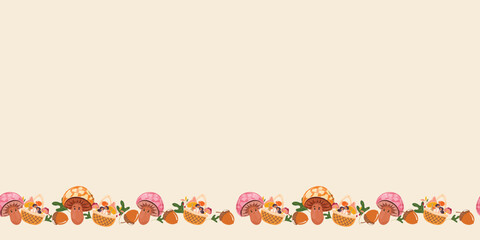 Seamless fall border with mushrooms, basket full of berries and mushrooms, leaves and acorns. 