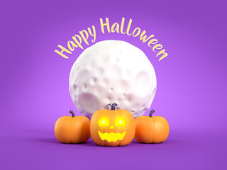Happy Halloween with Jack-o-Lantern pumpkins character under the moon on purple background, 3d rendering.