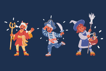 Cartoon vector illustration of Happy brother and two sisters on Halloween. Funny kids in carnival costumes indoors. Pirate, wich, devi