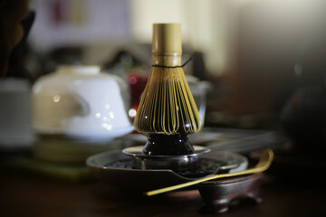 Fototapeta na wymiar Japanese Bamboo Brush Tea Whisk in nature Background, tradition Japanese tea whisk matcha green tea.