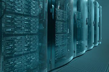 Corridor in working data center. Centers data center with multiple rows. Data center in server room...