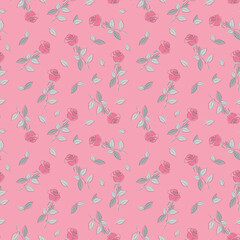 Floral background with pink roses. Seamless pattern with flowers and gray leaves. Vector illustration on a pink background