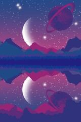landscape with moon, planets, and stars