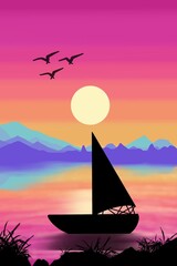 Beautiful sunset at sea scene digital illustration