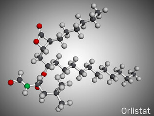 Orlistat molecule. It is lipase inhibitor used in the treatment of obesity. Molecular model. 3D rendering