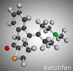 Ketotifen, histamine H1 receptor blocker molecule. It is used to treat atopic asthma, allergic conjunctivitis. Molecular model. 3D rendering