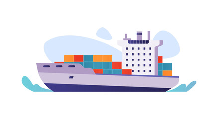 Obraz premium Industrial sea cargo logistics, ship with import or export containers. International water delivery transportation, shipping of freight cargo by water, flat cartoon vector