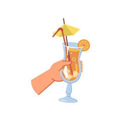 Bartender hand with refreshing summer cocktail with straw and umbrella, isolated flat cartoon vector illustration. Man or woman cheers with alcohol drink, citrus liquor in glass