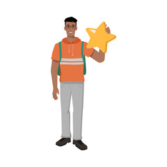 Feedback concept, man holding star in hand isolated flat cartoon character. Vector customer rating, client review, comment on opinion, result or experience, rate
